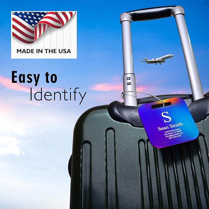 Luggage Tags for Suitcase - Personalized Engraved Blue Metal Tag for Cruise Travel - Custom Name Tags Suitable for Bags and Backpacks