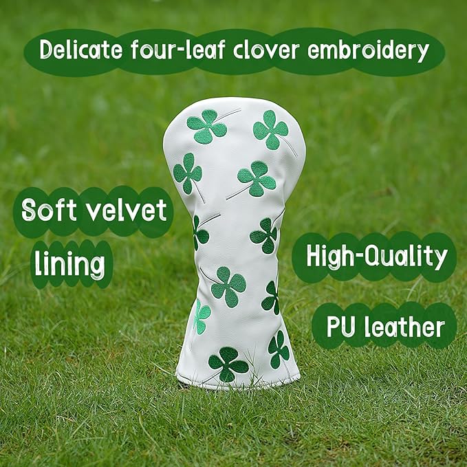 Golf Club Head Covers, 1pc Driver Headcover Fairway Wood Head Cover Hybrid Headcover or 3pcs Golf Headcovers Set 1 F H, Lucky Clover Golf Club Covers for 3 Wood, Drivers, Hybrids