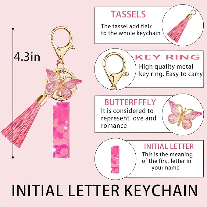 Suweibuke Colourful Cute Initial Letter Keychains for Women Girls with Tassel Butterfly, Charm for Purse Handbags Backpacks
