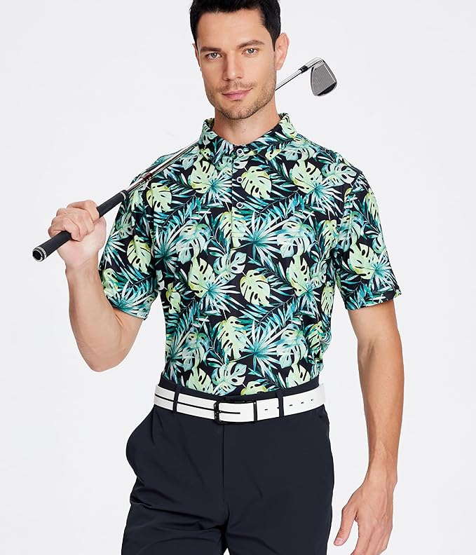 Esabel.C Golf Shirts for Men Dry Fit Performance Short Sleeve Print Moisture Wicking Collared Shirt