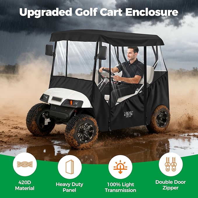 10L0L Universal Golf Cart Enclosure Compatible with EZGO and Club Car Models, 2-Passenger Golf Cart Waterproof 420D Material Windproof Transparent on 2 Sides