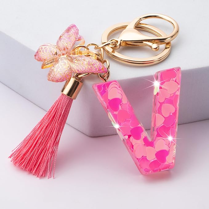 Suweibuke Colourful Cute Initial Letter Keychains for Women Girls with Tassel Butterfly, Charm for Purse Handbags Backpacks