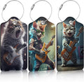 3 Pack Funny Guitar Cat Luggage Tags for Suitcase Animal PU Leather Travel Luggage Tag Privacy Cover ID Label for Women Men Baggage Backpack Handbag School Bag