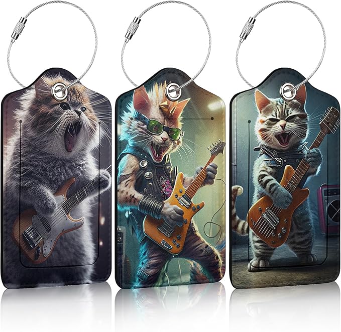 3 Pack Funny Guitar Cat Luggage Tags for Suitcase Animal PU Leather Travel Luggage Tag Privacy Cover ID Label for Women Men Baggage Backpack Handbag School Bag