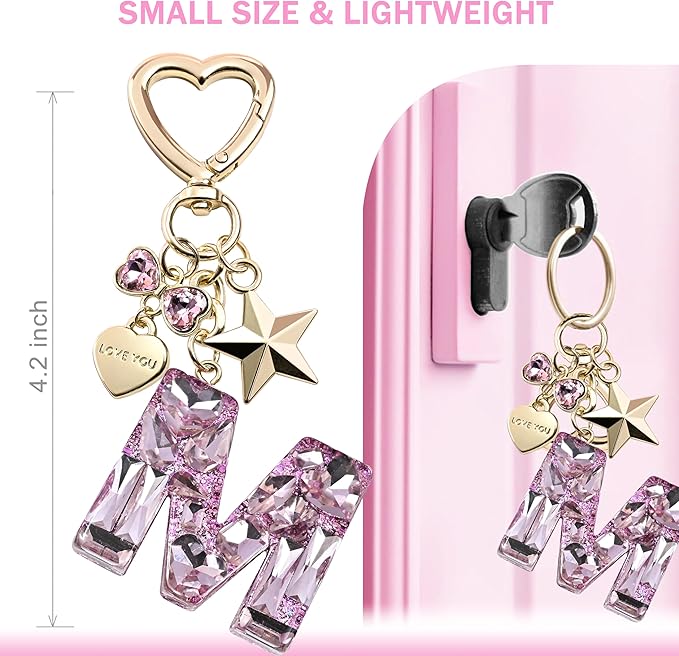 Cute Bling Keychain initial Letter Butterfly Star Pink Purple Gift for Women Girls Bag Cup Charms Accessories