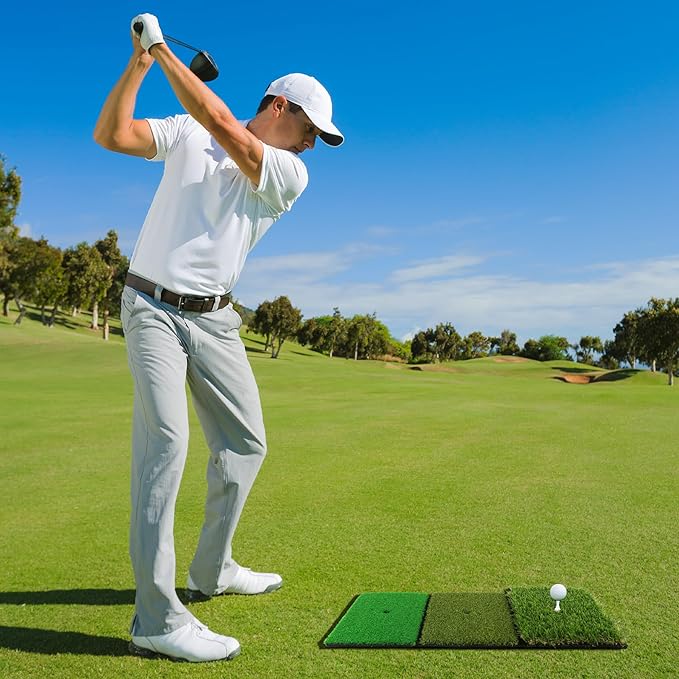 Golf Practice Mat Golf Hitting Mat for Swing, Putting & Chipping | Portable Golf Training Mat Indoor/Outdoor, Dual-Turf/Tri-Turf Golf Mat with 8 Tees