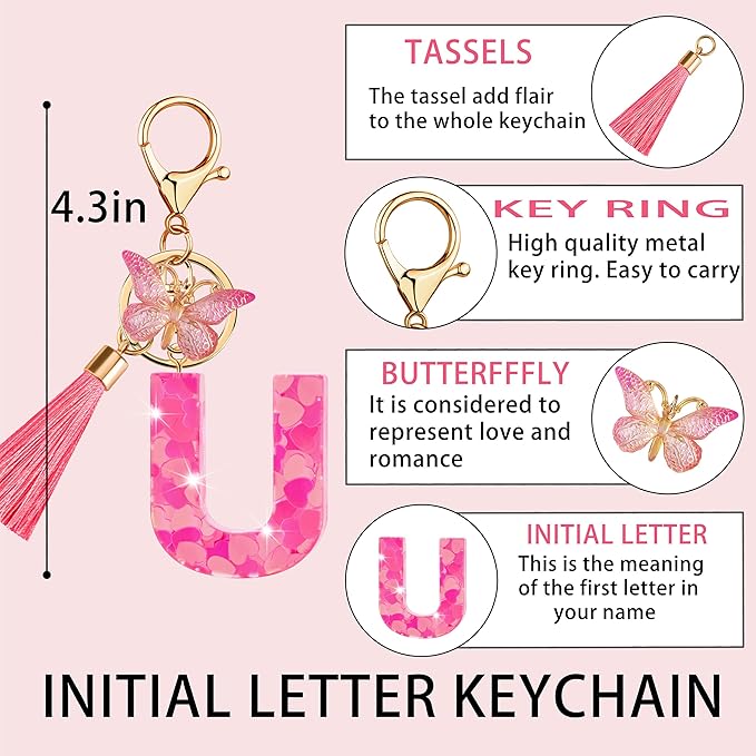 Suweibuke Colourful Cute Initial Letter Keychains for Women Girls with Tassel Butterfly, Charm for Purse Handbags Backpacks