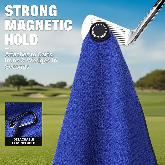 She's Pink Magnetic Golf Towel with Clip, 16"x16" Microfiber Waffle Weave, Quick-Dry Lint-Free Club & Ball Cleaning Cloth, Strong Magnet for Cart/Clubs, Blue, 1 Pack