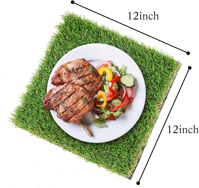 GLOBREEN Artificial Grass Squares Placemats Green Christmas Table Centerpiece Decor Golf Theme Party, Birthday, Baby Shower, Dining, 12" x 12", 6 Pack