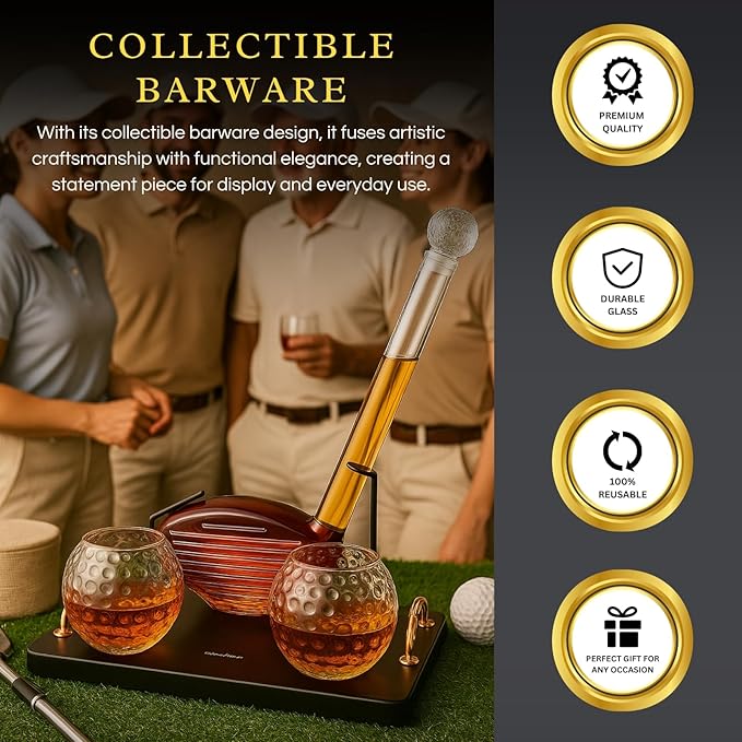Golf Club Whiskey Decanter Set with 2 Crystal Glasses, 28.7oz Clear Borosilicate Glass 15.2oz Ball Cups for Bourbon Scotch Serving, Sports Themed Barware Birthdays Fathers Day Retirement Gifts for Men