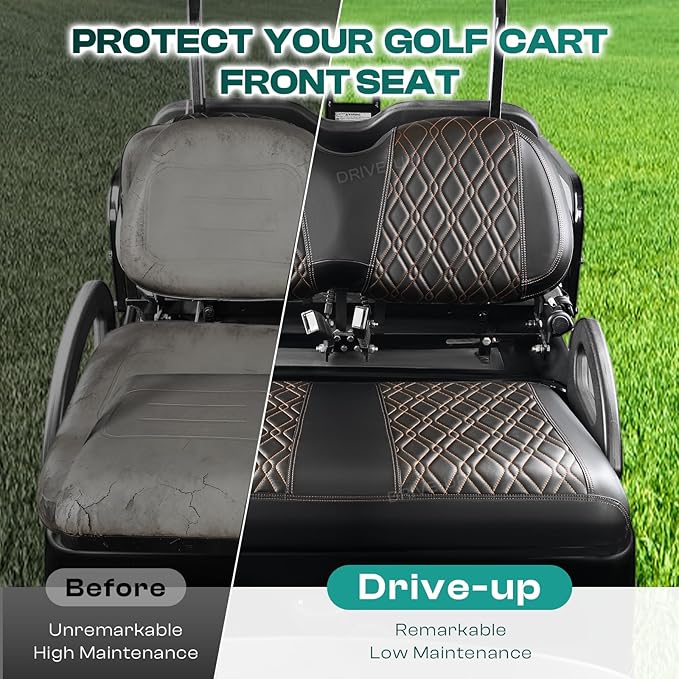 Drive-up Golf Cart Front Seat Covers Fit for Club Car Precedent, Waterproof Leather Club Car Seat Covers with Diamond Cross Pattern, Black PVC with Brown Stitching
