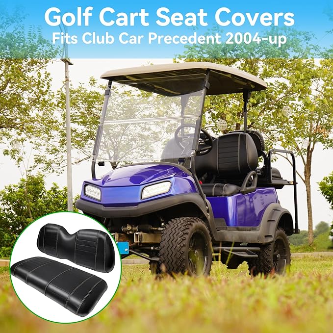 Golf Cart Seat Covers fits Club Car Precedent/DS/EZGO RXV/TXT/Yamaha Front Rear Seat Cushion，Black Leather Custom Stripe Soft Comfortable/Anti-Scratch/Easy to Clean