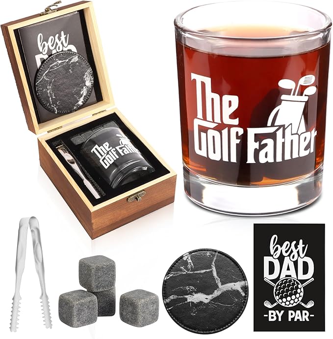 Whiskey Glass Gifts for Golf Dad, Best Gift for Men, Gift with 12oz Whiskey Glasses, Stones, Coaster, Wooden Box for Golf-Dad
