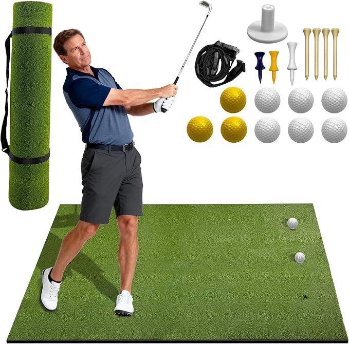 Golf Mat 5x4ft for Indoor Outdoor Use, 26mm Thick with Anti-Slip Base & 6 Tee Holes, Easy to Store High-Elasticity Hitting Mat Includes Practice Balls and Tees