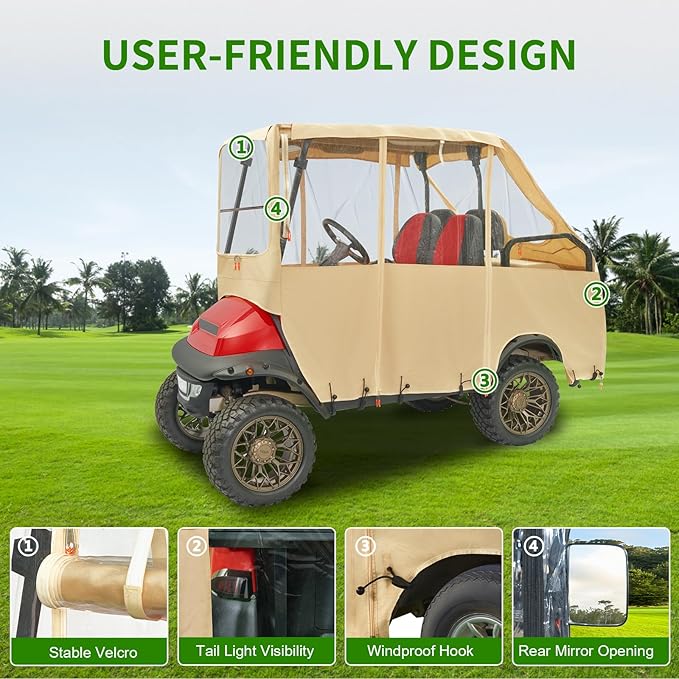 Tecoom Golf Cart Enclosure 2/4/6 Passenger, Golf Rain Cover 600D Waterproof Snowproof, Door Zippers, Clear Windows and Windproof Hooks, Universal Fit for EZGO, Yamaha, Club Car