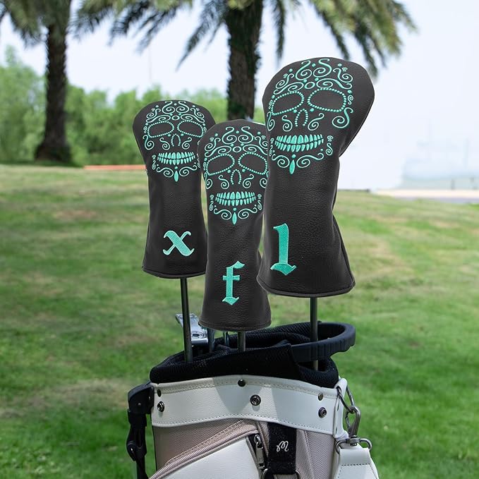Black Golf Club Covers Skull Embroidery Driver Headcover Fairway 3 Wood Headcover Hybrid Headcover for Your Selection fits for All Brands