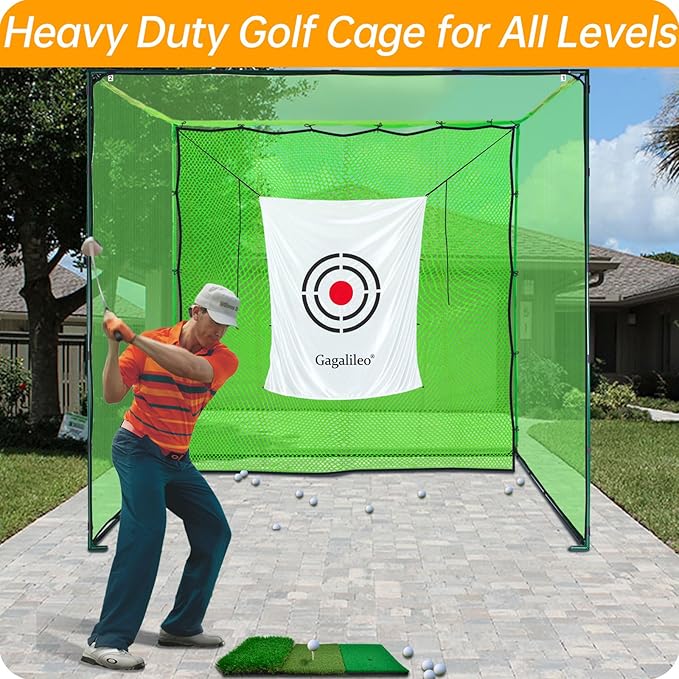 Gagalileo Golf Cage Net with Steel Frame and Target: 10X10X10FT Heavy Duty Practice Net for Backyard Driving & Indoor Driving Range Outdoor Training