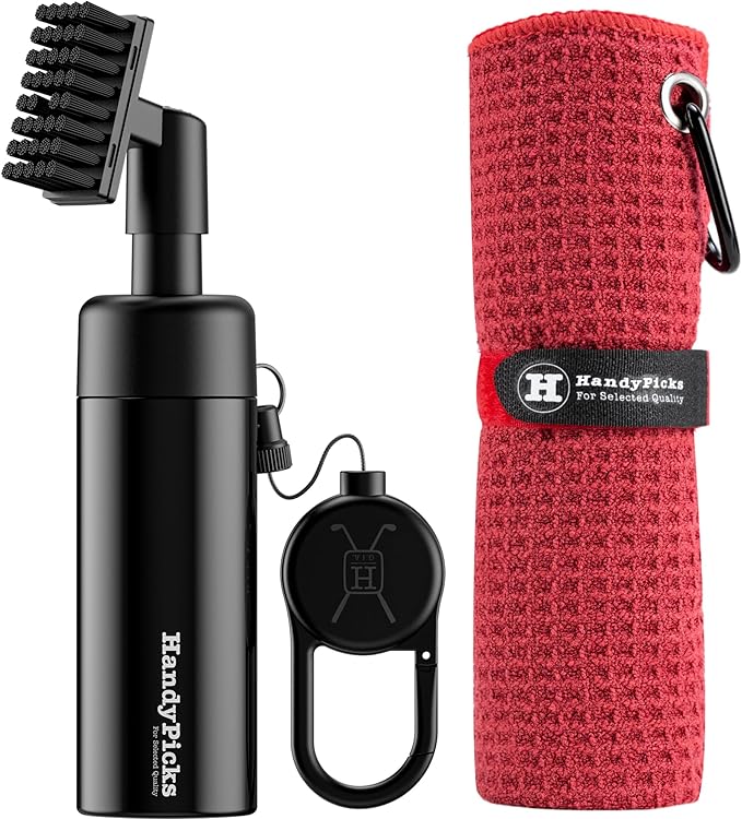 Handy Picks Golf Club Cleaner with Water Bottle Holds 5.5 OZ, Heavy Duty Metal Retractable Magnetic Clip, Waffle Microfiber Golf Towel, Ideal Water Brush Combo