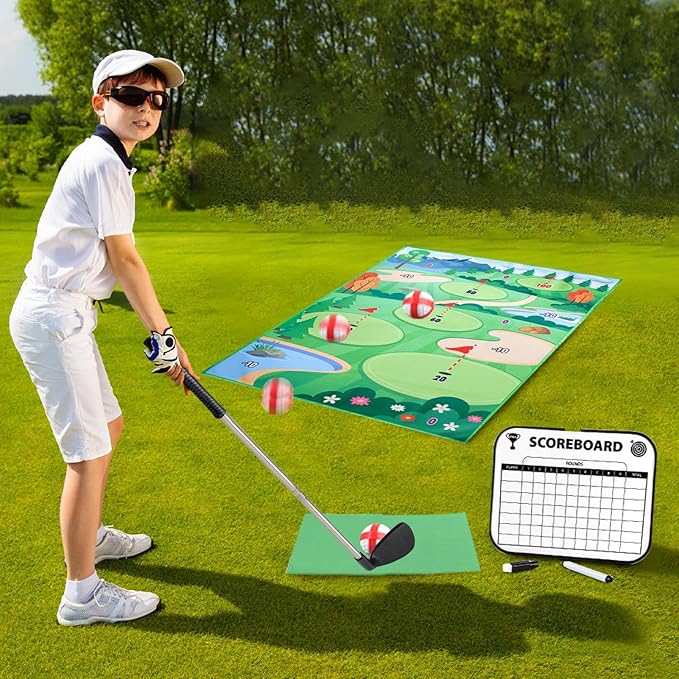 Golf Chipping Mat Set - Indoor Outdoor Game | Portable Golf Hitting Mat with Targets and Balls, Fun Practice Game for Kids and Adults, Perfect for Home Backyard Lawn Party Beach or Family En