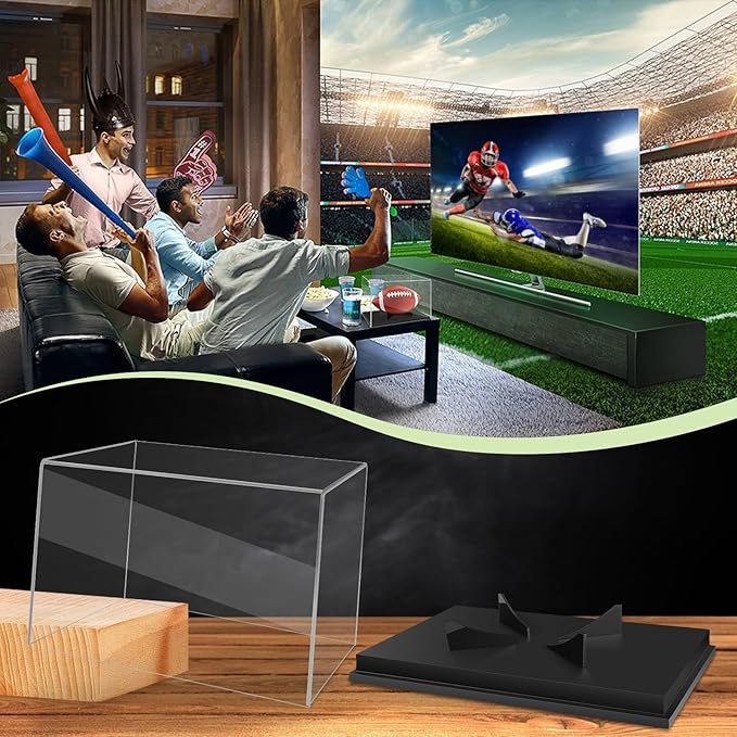 Full Size Football Display Box, Souvenir Display Box for Football or Commemorative Sports Gloves, Acrylic Transparent Box with Wooden Support and Solid Wood Base