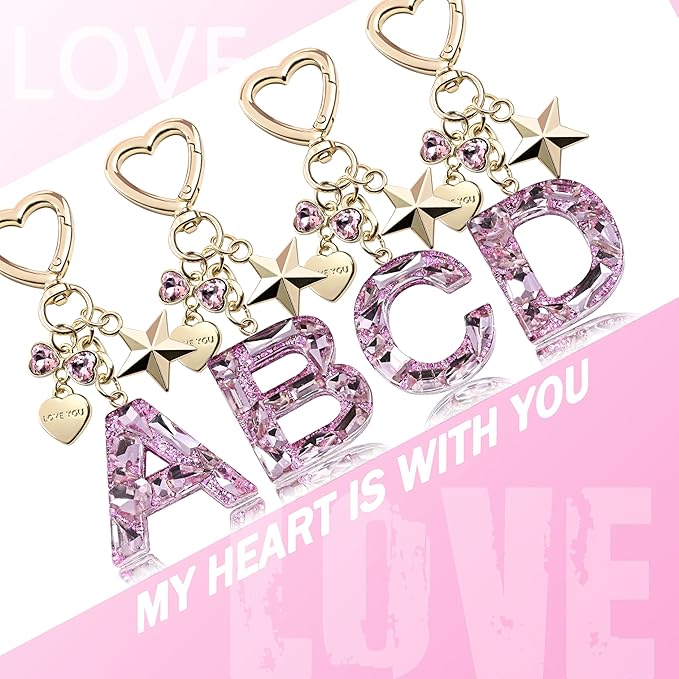Cute Bling Keychain initial Letter Butterfly Star Pink Purple Gift for Women Girls Bag Cup Charms Accessories
