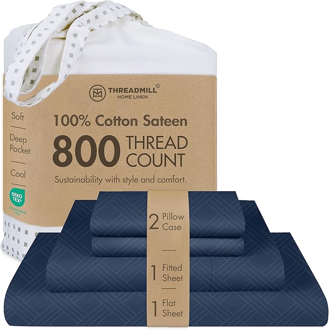 Threadmill Queen Sheet Set for Queen Mattresses | 800 Thread Count Jacquard Celine Folkstone Blue | Better Than Egyptian Cotton | 4 Pc Bed Sheets | Elasticized Deep Pocket | 100% Cotton Sheets