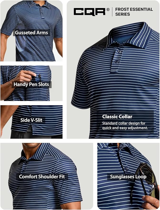 CQR Men's Polo Shirts, Tactical Short Sleeve Golf Performance Shirts, Lightweight Dry Fit UPF 50+ Pique