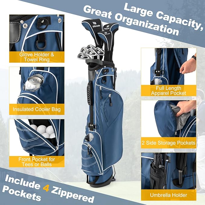ULTIMATE Golf Stand Bag with 4-Way Top Dividers, Portable Ergonomic Golf Bag with 4 Zippered Pockets, Cooler Bag, Rain Hood and Dual Strap System, 3.5 LBS Lightweight for Men&Women