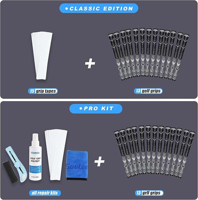 Geoleap Golf Grips Set of 13- Grips with Tapes and with All Repair Kits for Choice,Hybrid Golf Club Grips,Standard/Midsize,All Weather Contral, High Feedback & Traction.