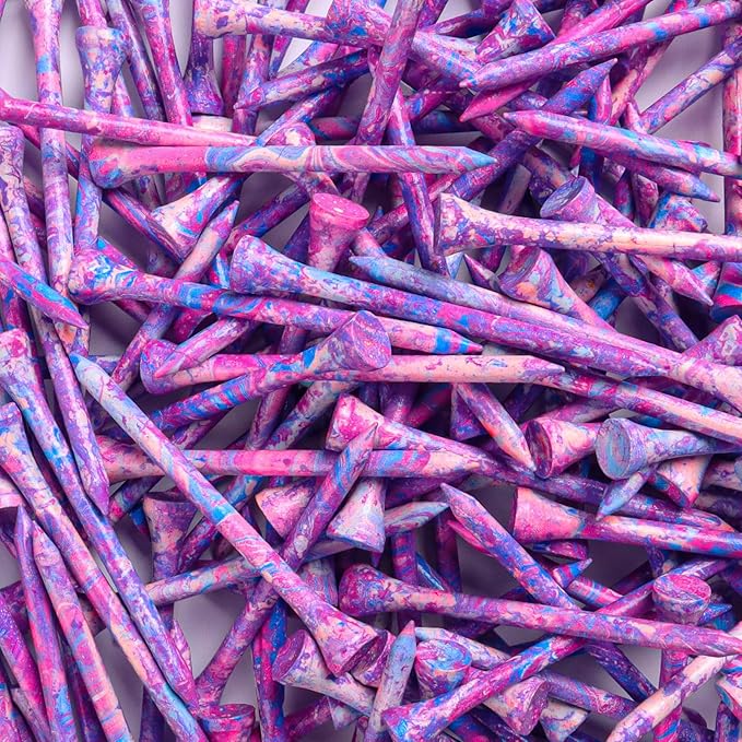 FINGER TEN Golf Tees Stylish Bamboo Wooden Coloured Painted Value 100 Pack, Durable 3 1/4 2 3/4 1 1/2 Inch Long Short Tee, Cool Style Purple Pink Green Enhanced Visibility for Men Women
