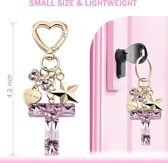 Cute Bling Keychain initial Letter Butterfly Star Pink Purple Gift for Women Girls Bag Cup Charms Accessories