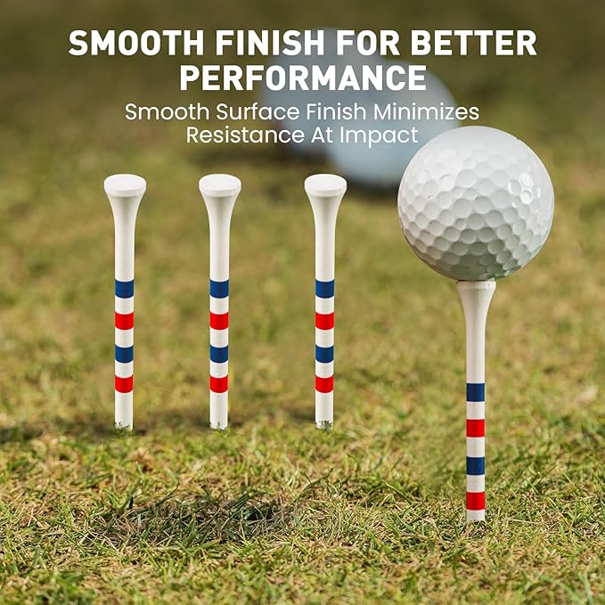 FINGER TEN Golf Tees Wood 3 1/4 2 3/4 Inch Value 50/120 Count, Durable Tees with Bright Colored Stripes for Consistent Height, 70mm 83mm Long Tees Ideal for Golfers