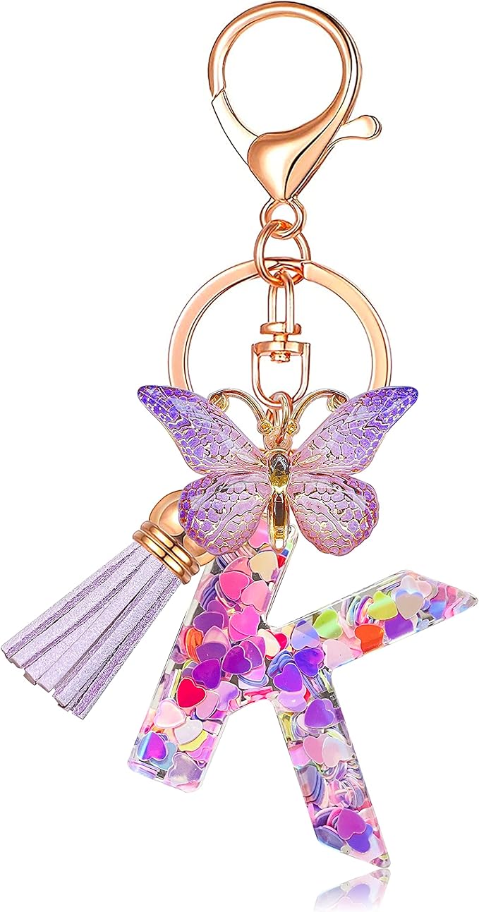 JINGUAZI Initial letter Keychains for Women Tassel Butterfly Pink Purple Cute Car Keychain for Wallet Backpack bag charm