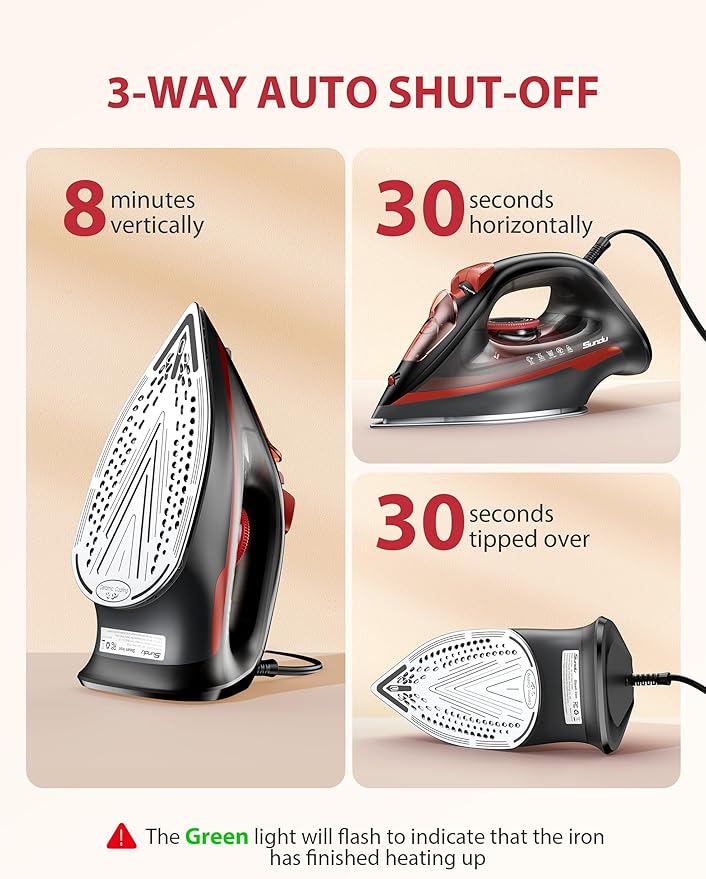 Steam Iron for Clothes 15s Fast Heat-up, 1500W Iron with 13.21oz Water Tank, Non-Stick Ceramic Soleplate, Anti-Drip, Auto-Off, Burst Steam, Self-Cleaning, Ironing Clothes for Home