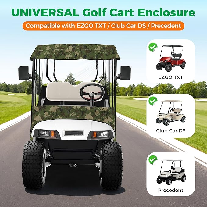 10L0L Universal Golf Cart Enclosure Compatible with EZGO and Club Car Models, 2-Passenger Golf Cart Waterproof 420D Material Windproof Transparent on 2 Sides