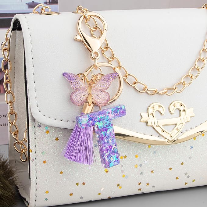 Suweibuke Colourful Cute Initial Letter Keychains for Women Girls with Tassel Butterfly, Charm for Purse Handbags Backpacks