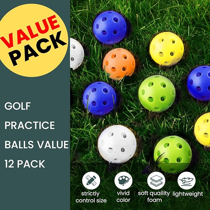 FINGER TEN Golf Practice Balls Plastic Colored Value 12/24/36/50 Pack, Limited Flight Sports Training Ball for Men Women, Indoor Outdoor Driving Range Backyard Use
