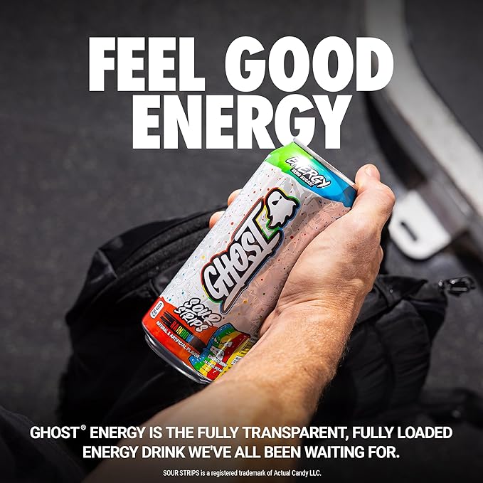 GHOST Energy Drink - 12-Pack, Sour Strips Rainbow, 16oz Cans - Energy & Focus & No Artificial Colors - 200mg of Natural Caffeine, L-Carnitine & Taurine - Gluten-Free & Vegan