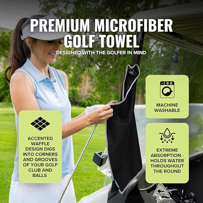 Stripebird - Magnetic Golf Towel (Black) - Microfiber Golf Towel with Built-in Ultra-Strong Neodymium Magnetic Towel - 18" x 18" Golf Bag Towel