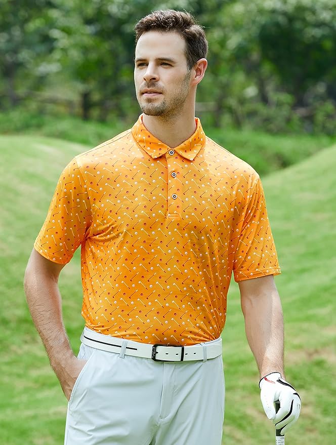 Esabel.C Golf Shirts for Men Dry Fit Performance Short Sleeve Print Moisture Wicking Collared Shirt