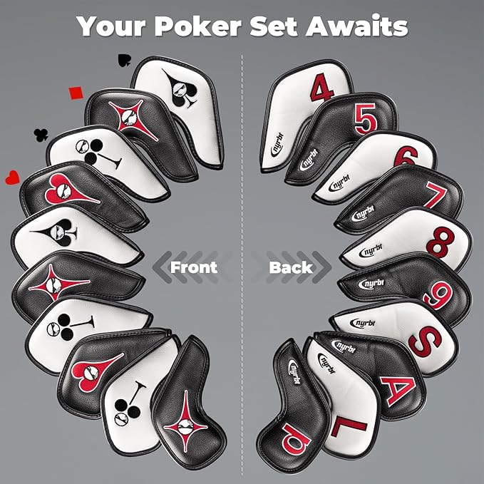 Magnetic Golf Iron Head Covers Set of 10 – Fun Poker Suits Design with Embroidered Clubs, Diamonds, Hearts & Spades | Premium PU Leather, Fits All Irons, Unique Golf Gift for Men & Women