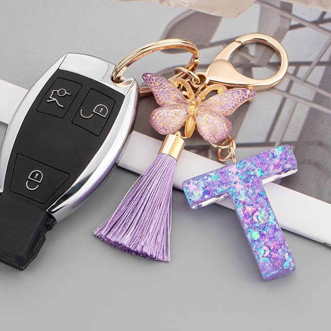 Suweibuke Colourful Cute Initial Letter Keychains for Women Girls with Tassel Butterfly, Charm for Purse Handbags Backpacks