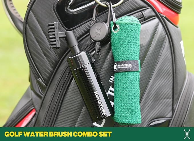 Handy Picks Golf Club Cleaner with Water Bottle Holds 5.5 OZ, Heavy Duty Metal Retractable Magnetic Clip, Waffle Microfiber Golf Towel, Ideal Water Brush Combo