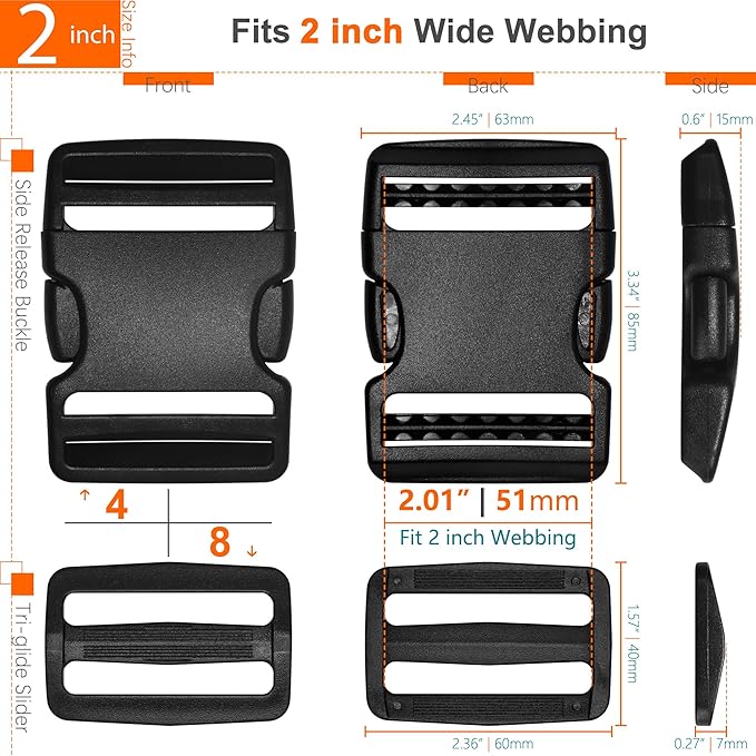 2" Straps and Buckles Set: 6 yard Nylon Webbing 2 inch (50 mm) Wide, 4 pack Side Release Buckle, 8 pcs Tri-Glide Sliders, Plastic Clip Quick Fasteners Replacement Heavy Duty Dual Adjustable No Sew
