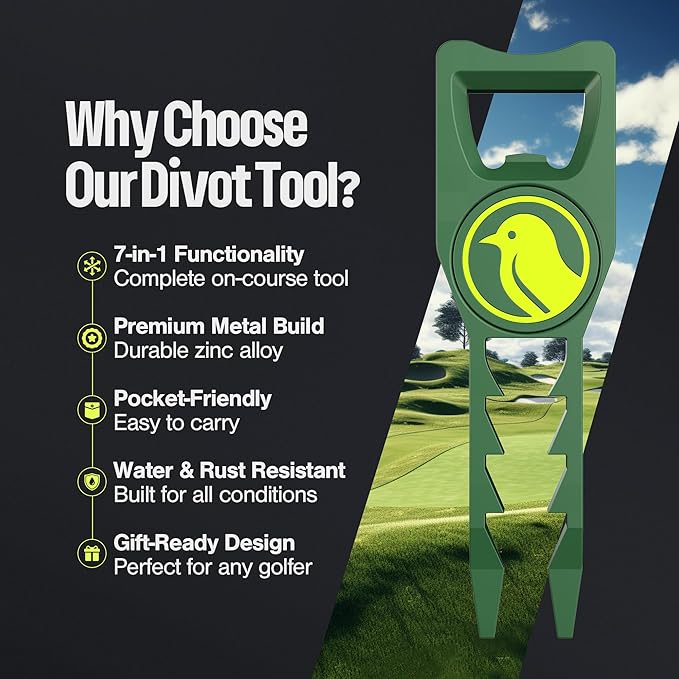 7-in-1 Metal Golf Divot Tool with Magnetic Ball Marker - Tee Height Setter, Bottle Opener, Groove Cleaner, Putting Alignment, Club Tee - Durable Green Accessory Gift for Men & Women