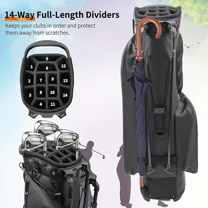 Golf Stand Bag with 14 Way Full Length Dividers, PU Leather Golf Bag for Men, Luxury Lightweight Waterproof Golf Bags with Stand, 6 Pockets & Cooler Pouch, Adjustable Dual Straps, Rain Cover Hood