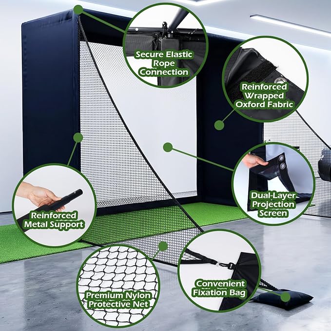 10x8x6 ft Golf Simulator Enclosure Net with HD Impact Screen & Frame Kit | Indoor Home Golf Training Cage Simulator Accessories | Gift for Golfers Men Women
