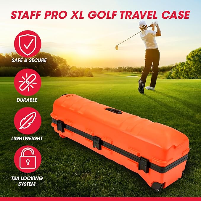 SKB Staff ATA Hard Shell Plastic Golf Travel Case for Cart Bags with Wheels - Heavy-Duty Rolling Club and Driver Carrier for Airline Transport, Impact-Resistant with TSA Locking Latches
