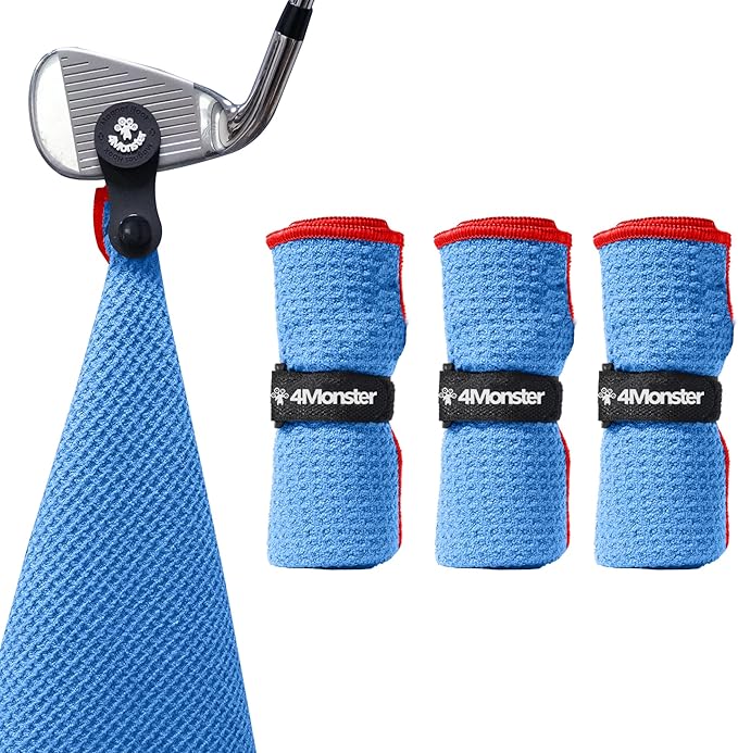 4Monster Golf Towels 3-Pack with Detachable Magnet and Portable Pouch, Quick-Dry Microfiber Golf Towel Set for Golf Bags,Custom Towel Gifts for Men or Women (3, Blue)