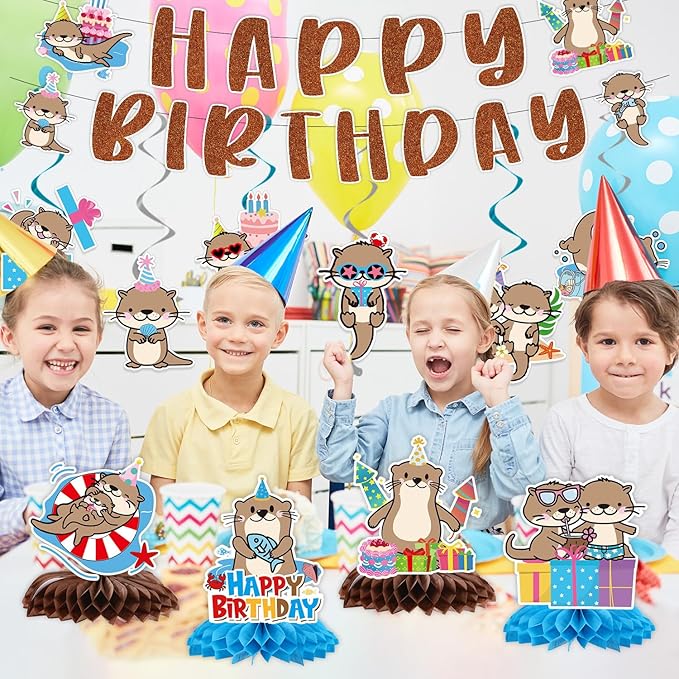 Otter Birthday Party Decorations - 12PCS Sea Otter Party Decorations Happy Birthday Banners Hanging Swirls Honeycomb Centerpieces Under the Sea Ocean Animal Themed Supplies Decor